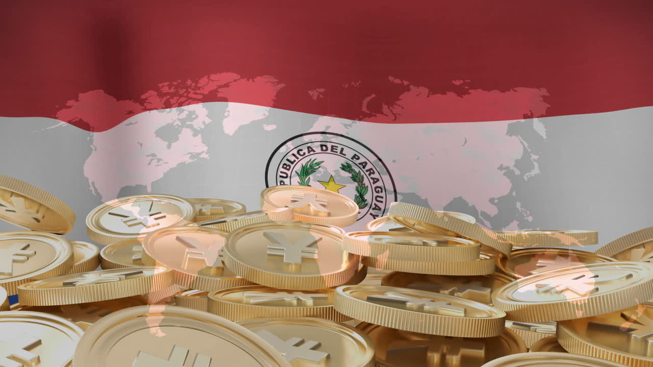 bandera de paraguay y animación del mapa del mundo sobre una pila de monedas de yenes de oro