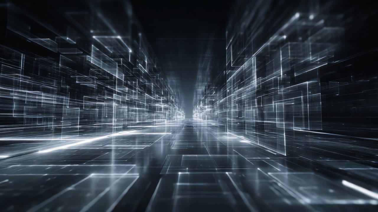 A Dynamic Perspective of Futuristic Digital Pathways Constructed with Bright, Transparent Grids Evoking a Sense of Speed and Technological Advancement