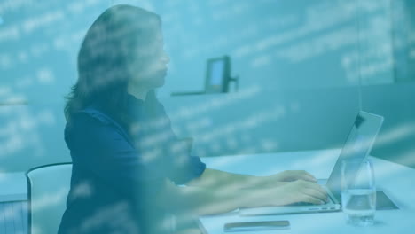 animation of data processing over businesswoman using laptop