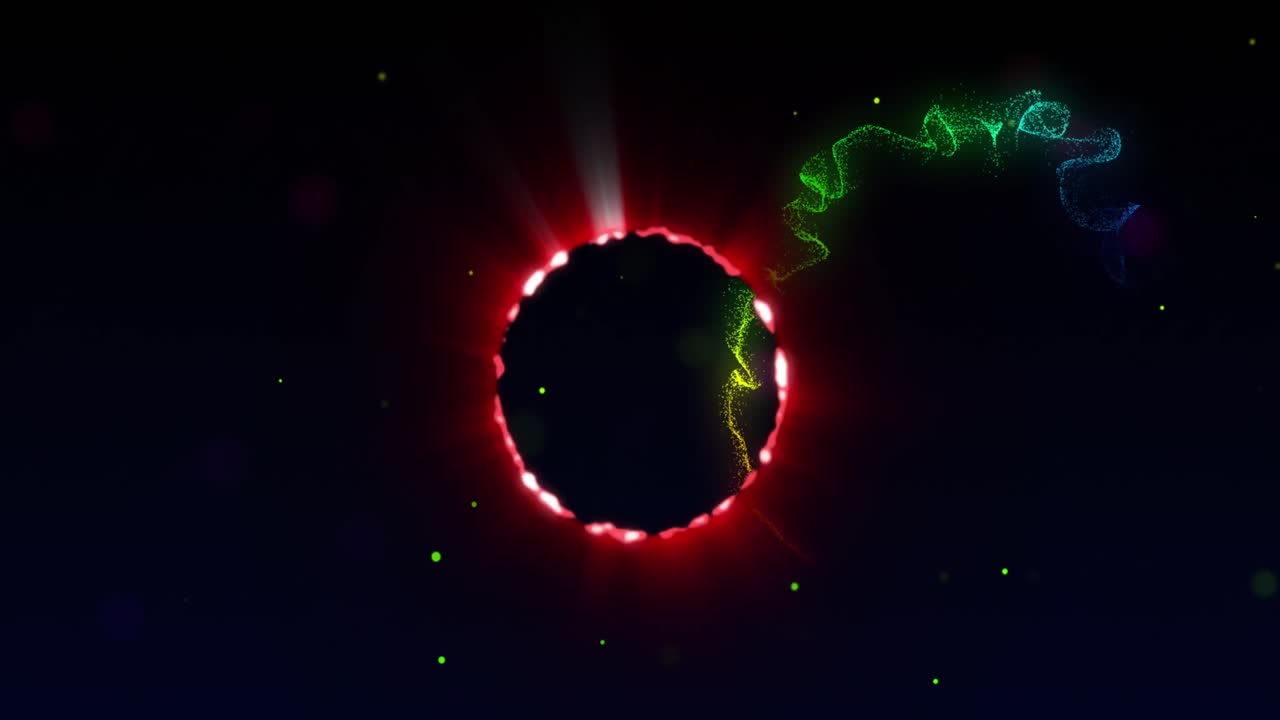 animación de un círculo de neón sobre un espacio negro con puntos y ondas