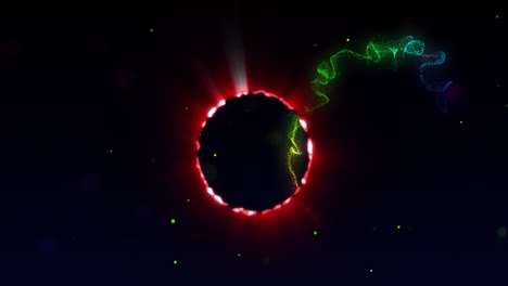 Animation-of-neon-circle-over-black-space-with-dots-and-waves