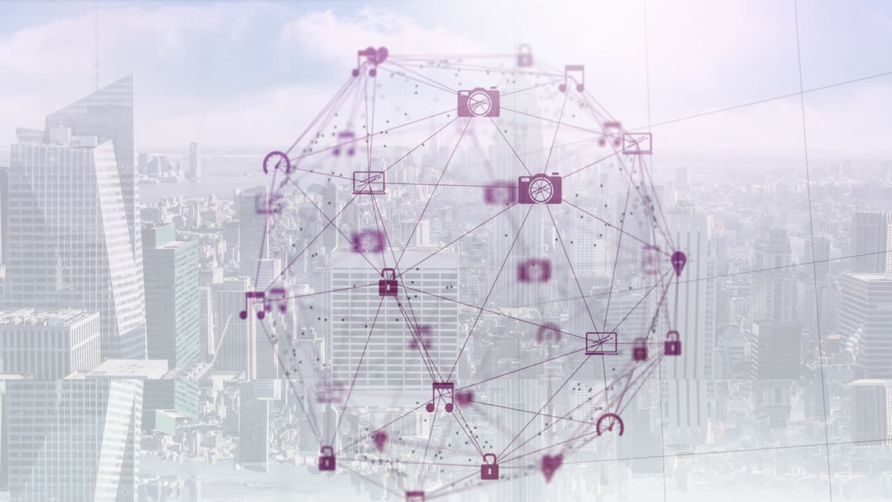 Globe of digital icons against cityscape