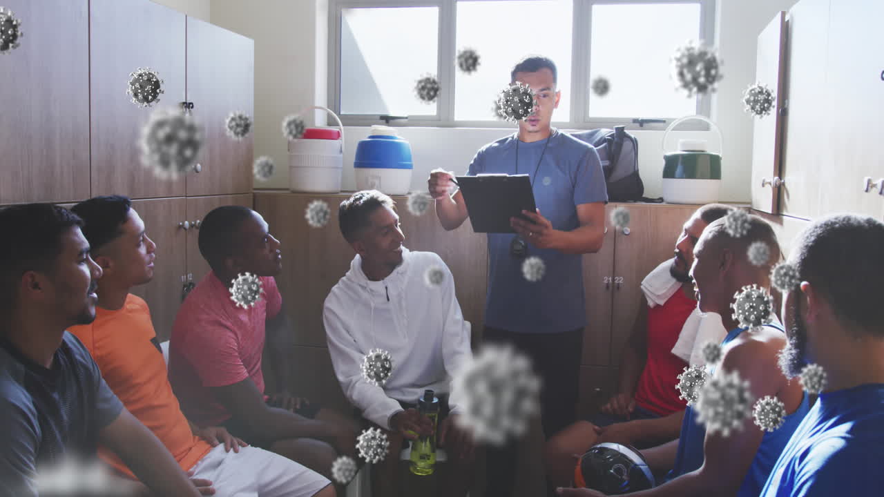 변기실에서 코치와 함께 남성 축구 선수들의 다양한 그룹에 대한 바이러스 세포의 애니메이션