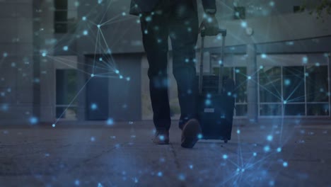 animation of network of connections with low section of man walking wheeling suitcase