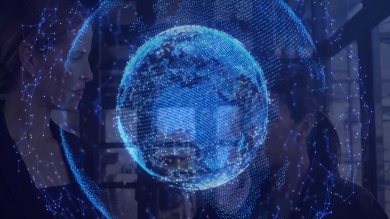 Two women presenting tech hologram globe in office, right woman holding device activating nodes