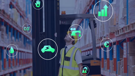 wearing safety gear, warehouse worker surrounded by animation and digital icons