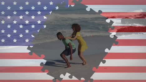 animation of american flag jigsaw puzzles revealing confetti, man carrying woman piggyback on beach