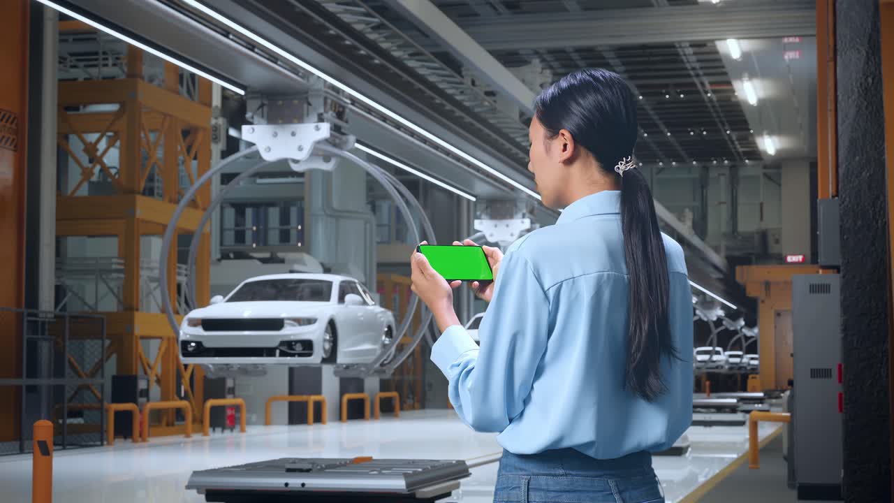 vista trasera de una trabajadora profesional asiática de pie en una fábrica de automóviles ev, instalación industrial de alta tecnología, comprobando en su teléfono inteligente con pantalla verde y mirando la fábrica