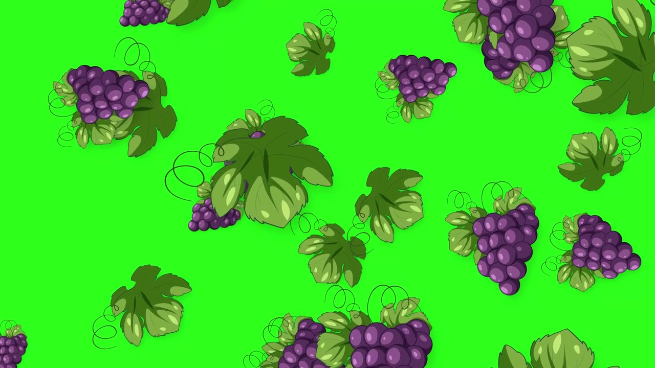 Grappoli d'uva viola e foglie verdi in stile cartone animato cadono verticalmente su uno sfondo verde brillante