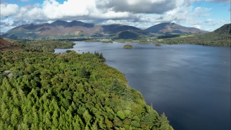 aerial view over derwent water, the lake district, cumbria, england