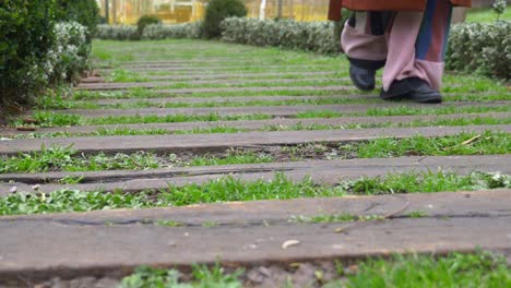 person walking on a grass path