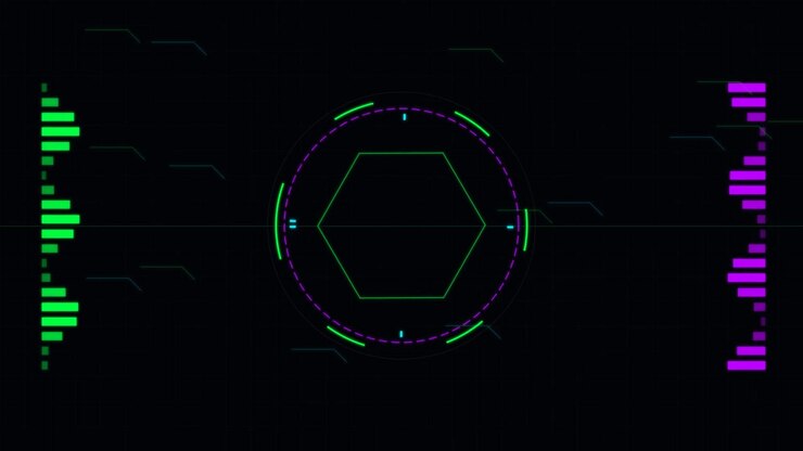 Futuristic Digital HUD Interface with Rotating Hexagon and Audio Visualizers