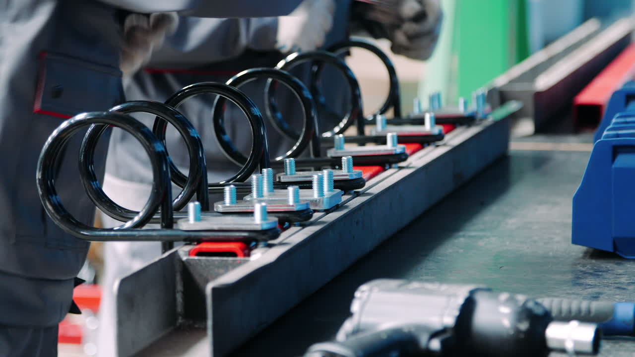 노동자들은 공장에서 금속 부품에서 산업 단위를 조립합니다.