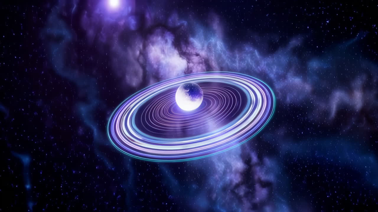 Glowing Planet with Rings in a Cosmic Nebula