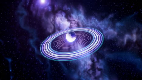 glowing planet with rings in a cosmic nebula