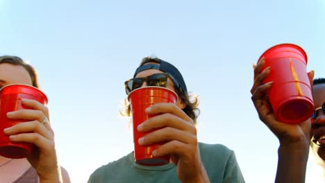 group of friends toasting glasses of beer in the beach 4k