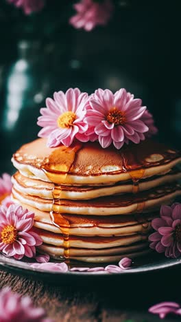 stack of pancakes with pink flowers and maple syrup