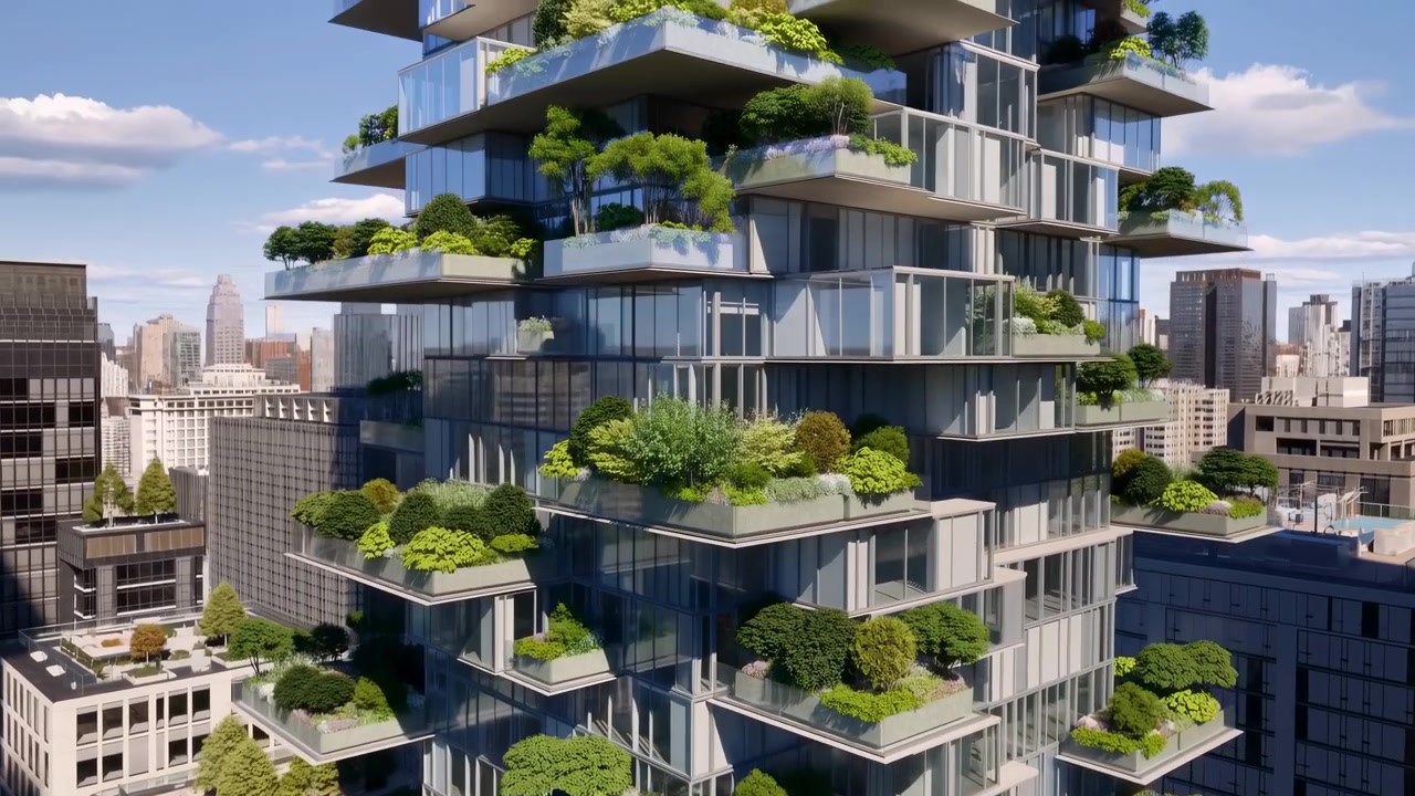 Moderne højhus i et bycentrum med forskudte udkragede terrasser, rektangulære betonplantekasser, afrundede buske, små træer, blandet bunddække, reflekterende glas og stærk.