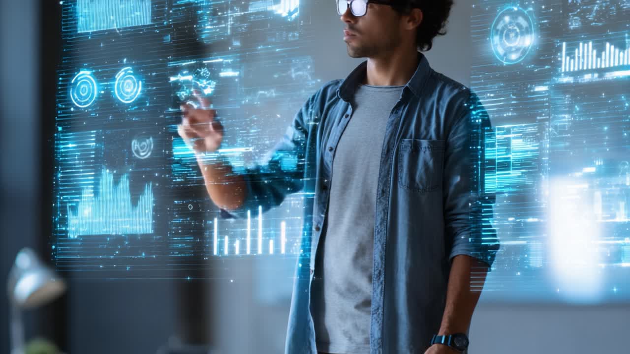 Innovative Technology: A Young Man Interacting with Futuristic Data Interfaces and Visualizing Complex Information in a Modern Workspace Environment