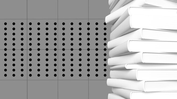 Animation of pile of books over shapes on grey background
