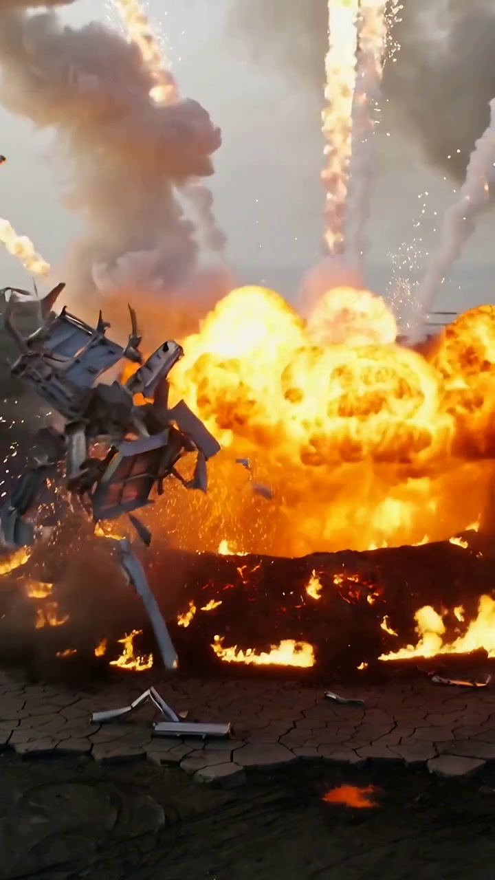 Vertikal video: Synkende ildstripe treffer kystland, krater som kaster flammer, metallrester.