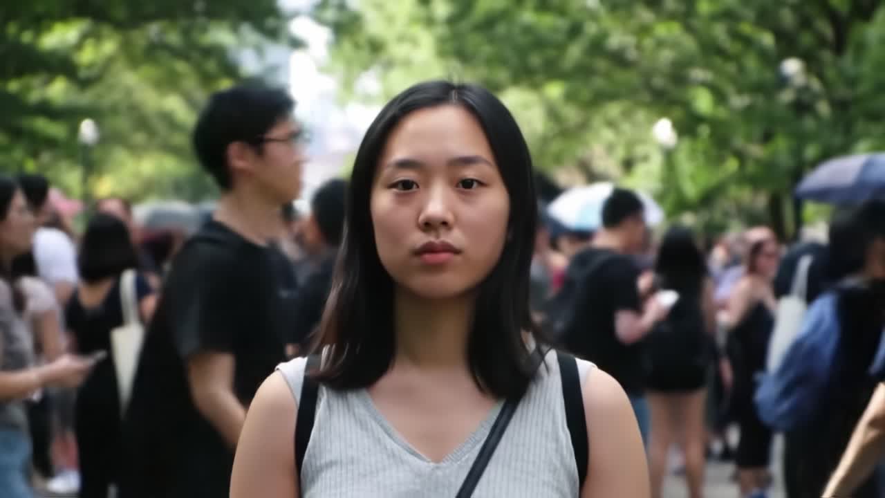 A young woman shows determination as she stands amidst a bustling urban park filled with visitors. The setting features greenery and sunlight, making for a lively atmosphere.