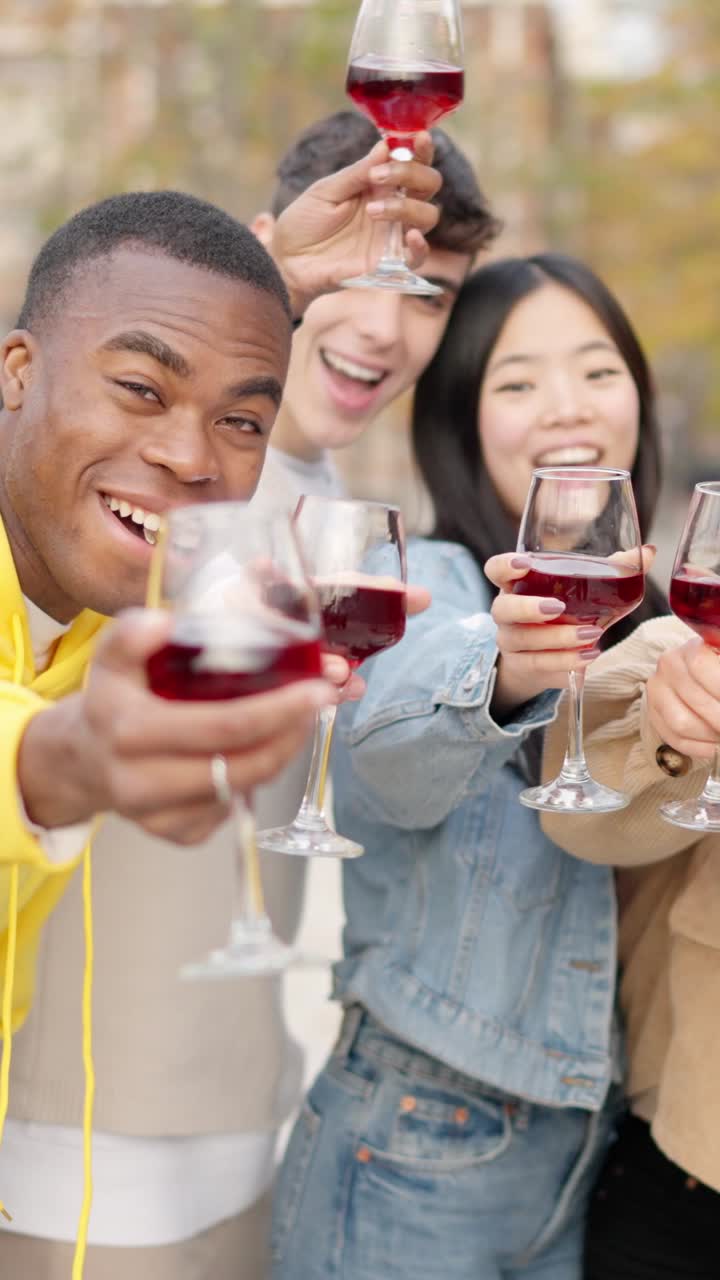 Multi-ethnic friends toasting with wine to the camera outdoors
