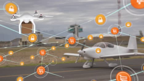 Animation-of-connected-icons,-flying-drone-carrying-box-and-airplane-parked-in-airport