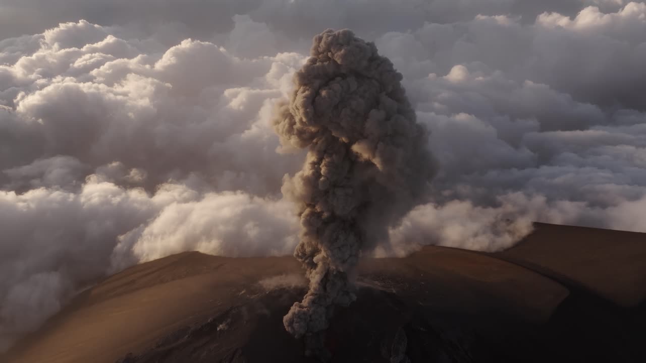 Veduta aerea di un'eruzione impressionante al Volcán de Fuego con fumo che si innalza alto nell'atmosfera