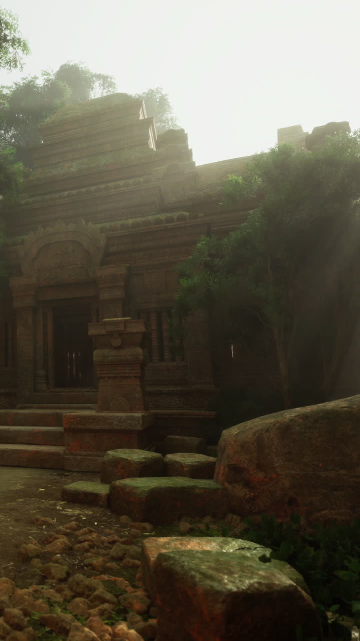 Ancient temple shines softly in morning light surrounded by lush greenery