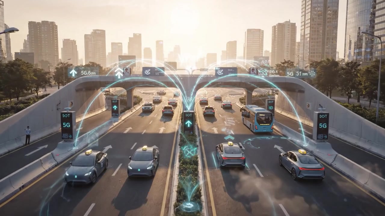 Urban Traffic Management: Officers Overseeing Smart City Infrastructure with Advanced Connectivity in a Modern Metropolitan Area During Sunset