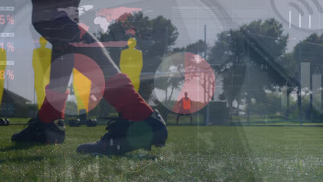 animación del procesamiento de datos financieros sobre diversos jugadores de fútbol con la pelota en el campo