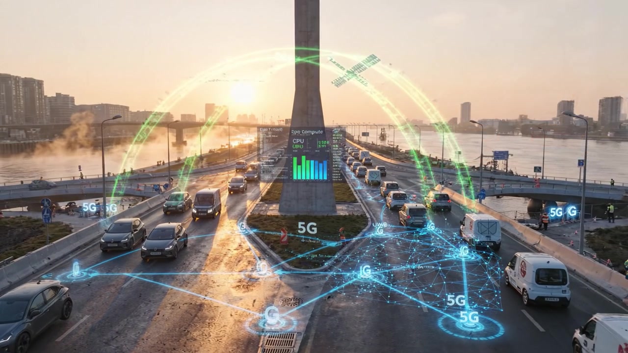 Un paesaggio urbano vibrante al tramonto con flusso di traffico e tecnologia avanzata che integra la connettività 5G per lo sviluppo di città intelligenti.