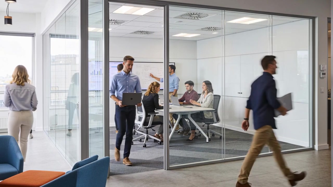 Starting presenter in office clothes displaying charts in glass room, team noting on laptops