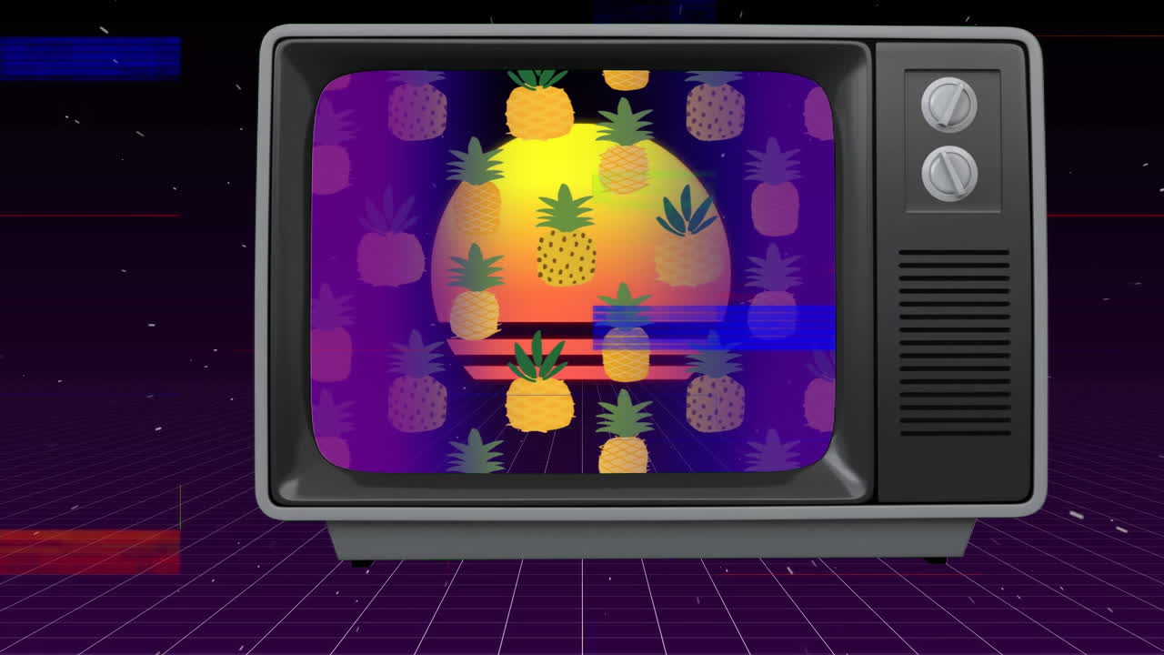 viejo televisor con piña y puesta de sol en la pantalla