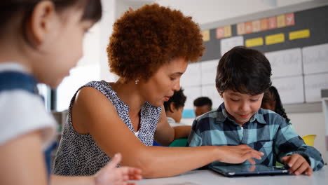 female teacher with multi-cultural elementary school pupils using digital tablets at school