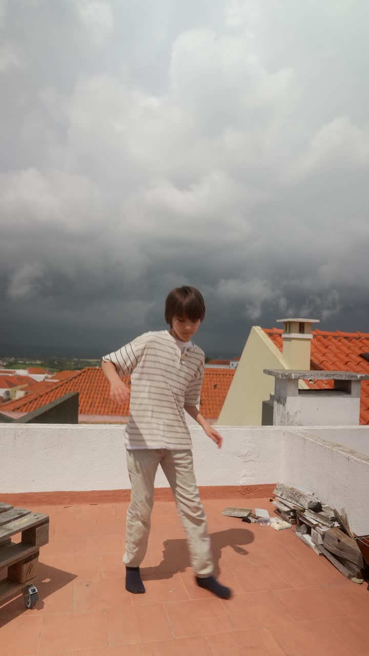 Child Walking on a Rooftop under Cloudy Sky