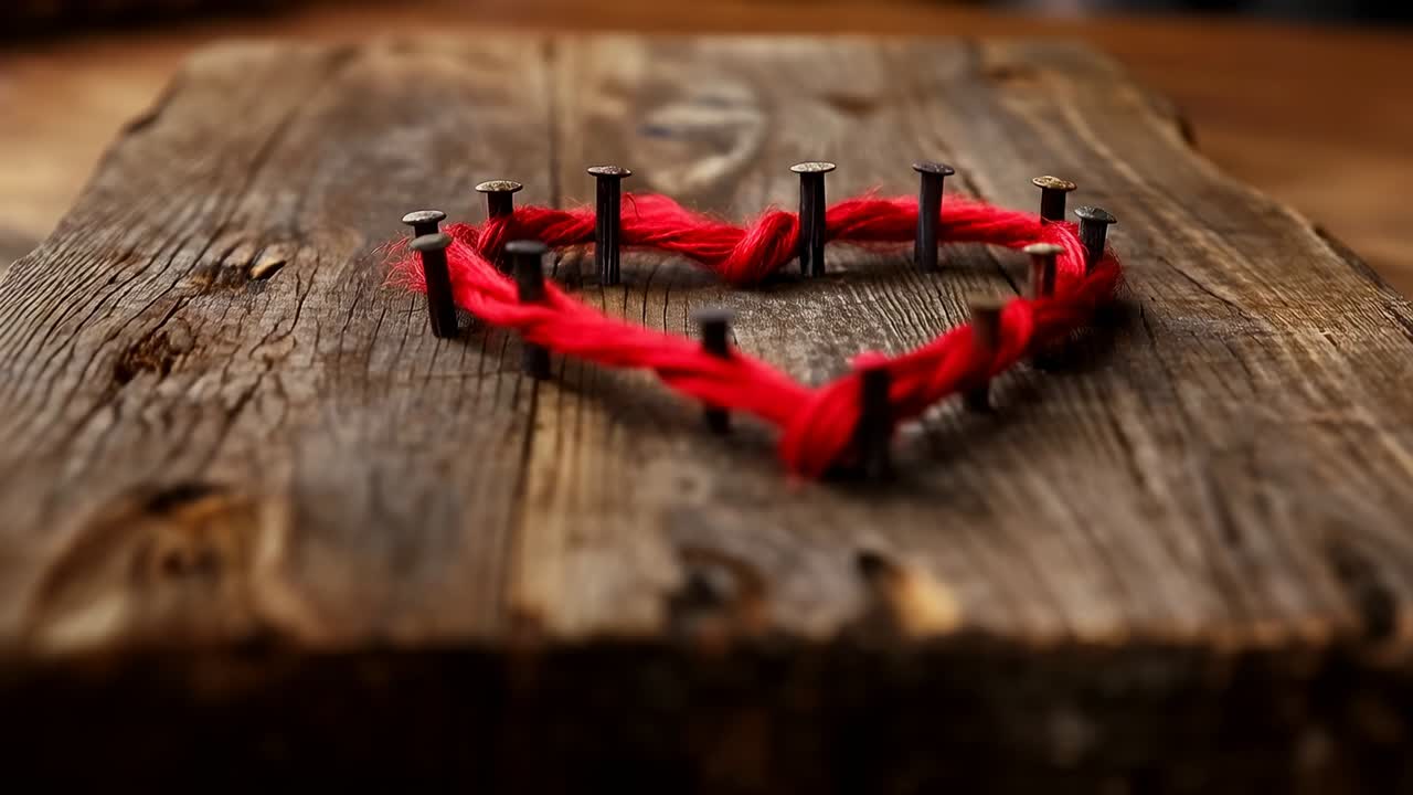 Kameran dras tillbaka och visar hjärtformade naglar lindade i rött garn på en träbänk, med fokus på textur
