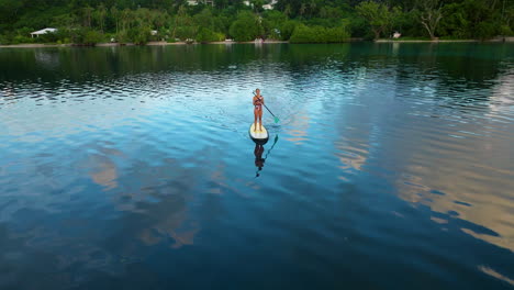 a female tourist stand-up paddle boarding on stunning moso island, north efate, vanuatu