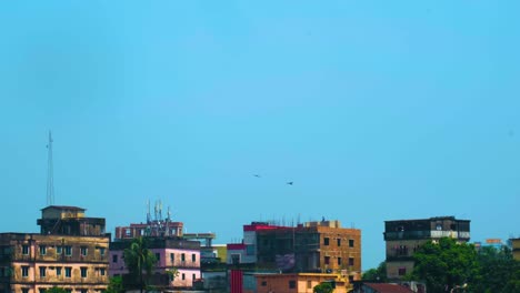 Flock-of-Eagles-Soaring-Over-Old-Buildings-in-Old-Dhaka,-Bangladesh