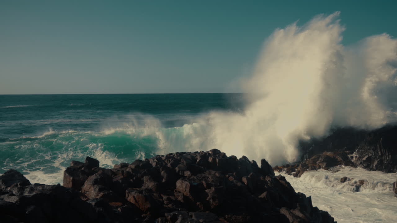 Powerful Waves Crashing on Rocky Coastline