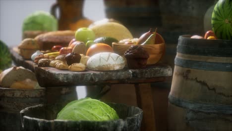 mesa de comida con barriles de vino y algunas frutas, verduras y pan