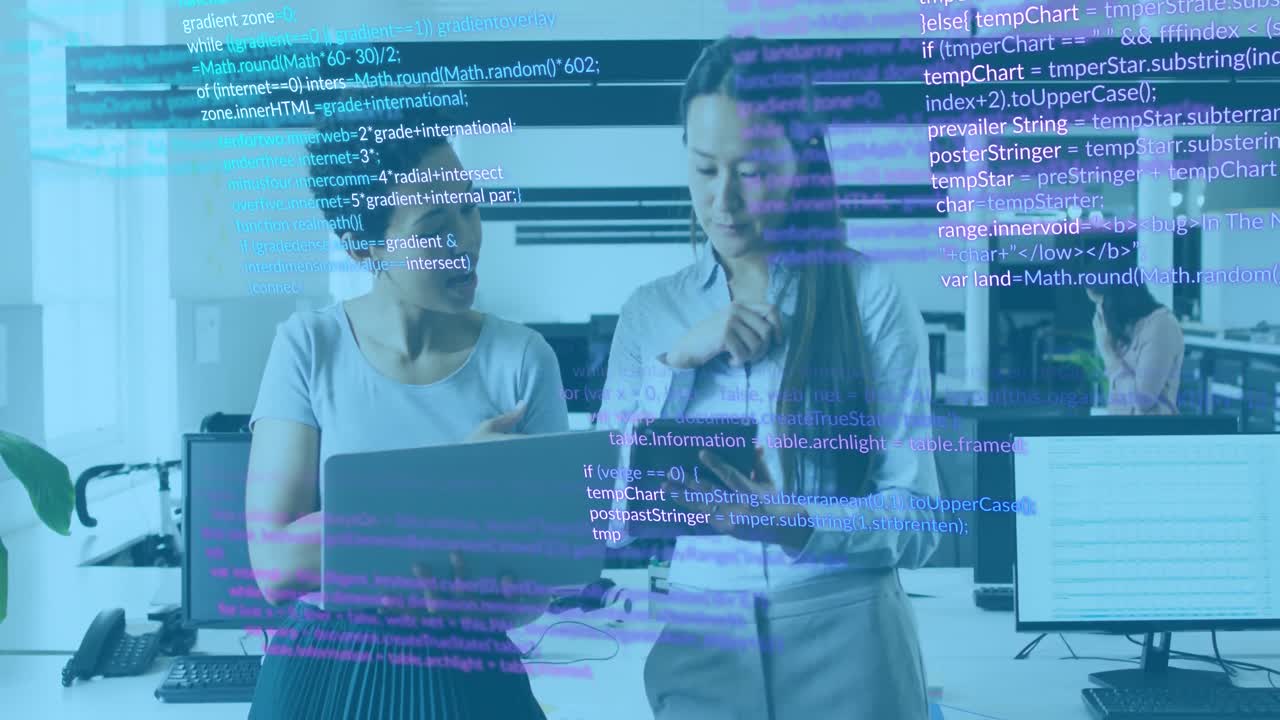 사무실에서 이야기하는 다양한 사업가들에 대한 데이터 처리 애니메이션