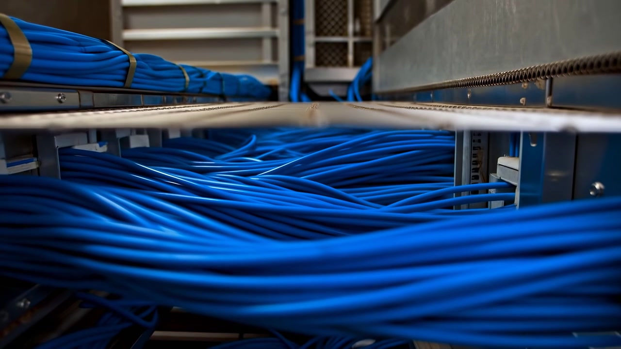 Low-angle middle-frame view of blue network cable routing under perforated metal tray inside data
