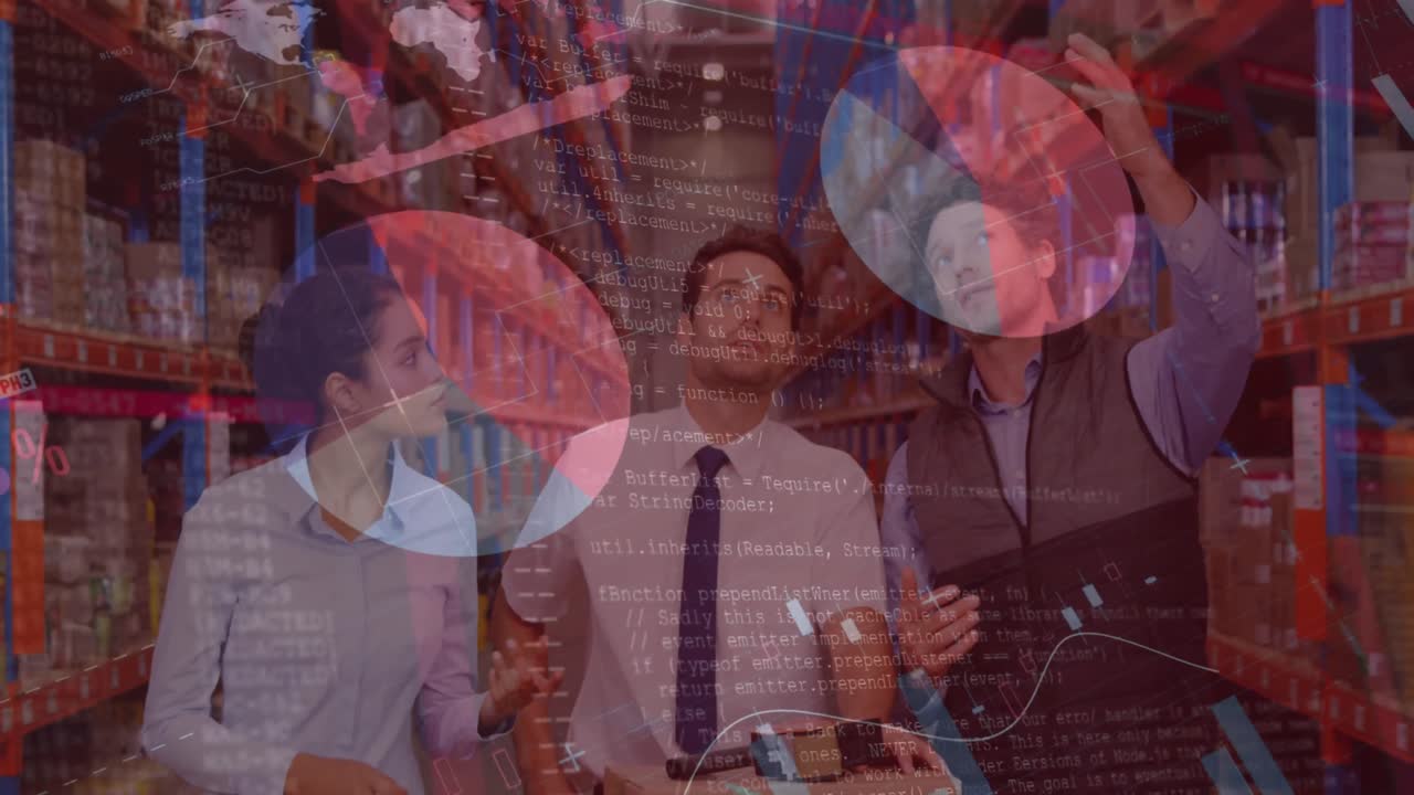 창고에서 다양한 사업자들에 대한 데이터 처리의 애니메이션