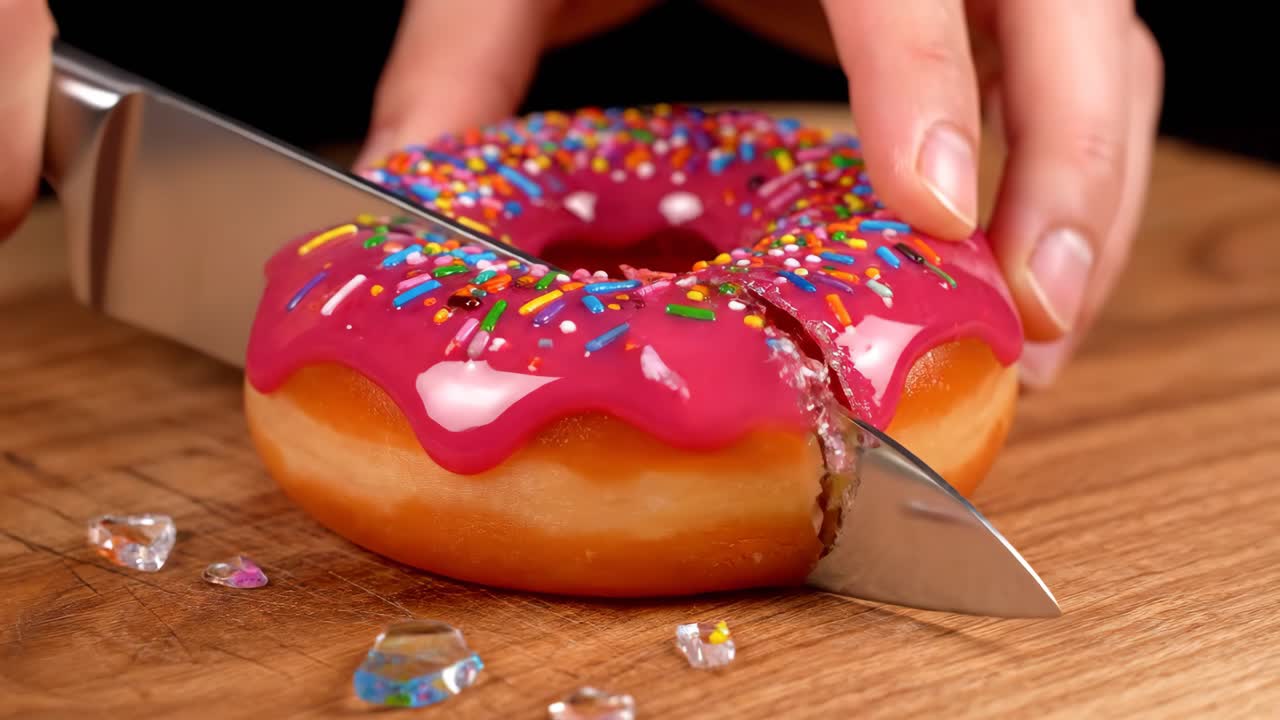 Cutting a Pink Donut with Sprinkles