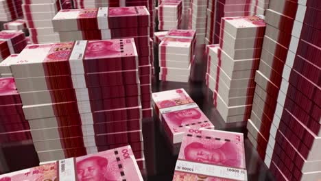 vuelo en 3d sobre el dólar taiwanés y el yuan chino dinero paquetes de billetes animación de bucle