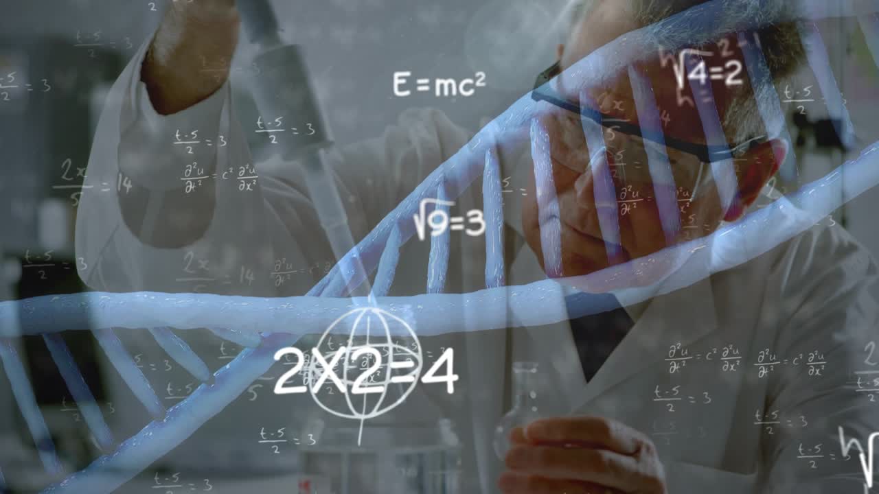 Animation of falling numbers and security shield over man using smartwatch