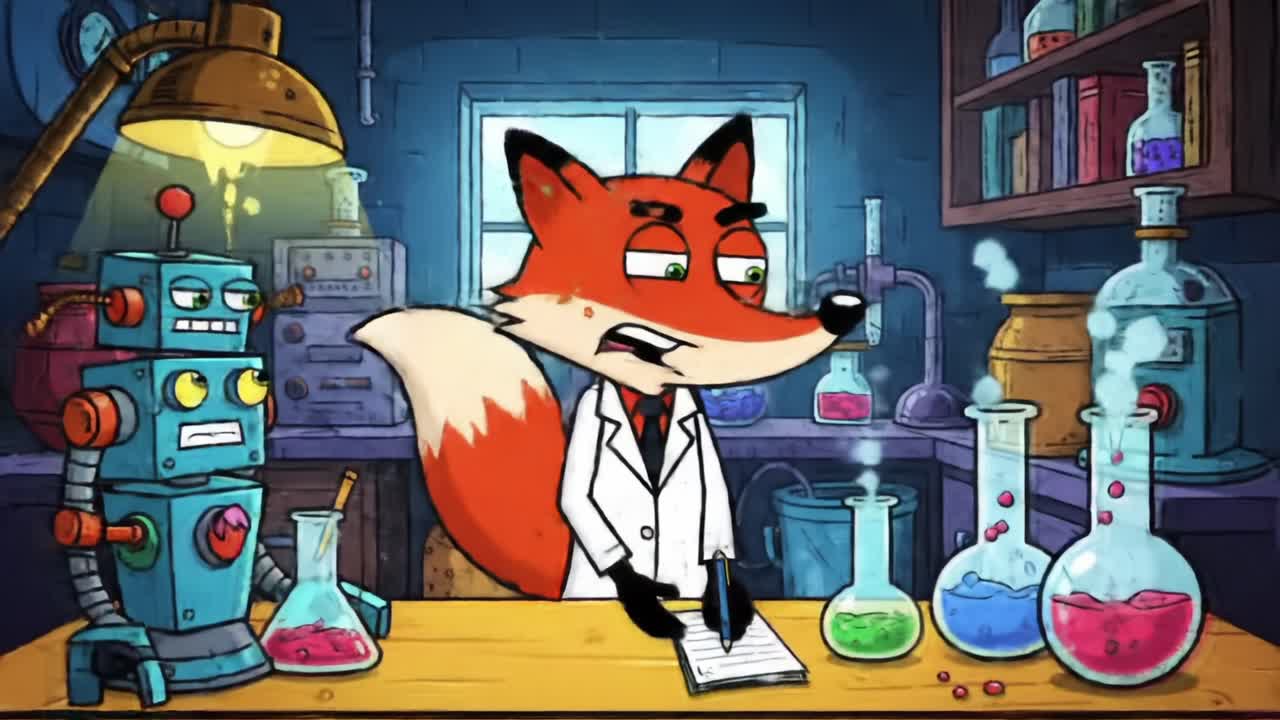 An animated fox in a lab coat interacts with a quirky robot amidst colorful potions and scientific equipment in a vibrant laboratory setting