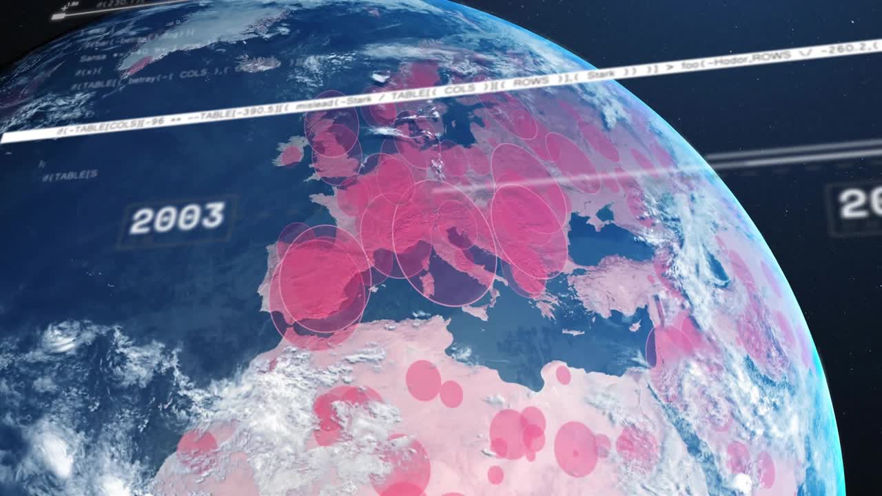 Earth rotating over Europe, sweep bar passing, pink circles appearing, expanding, visualizing years